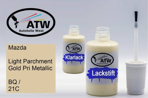 Mazda, Light Parchment Gold Pri Metallic, BQ / 21C: 20ml Lackstift + 20ml Klarlack - Set, von ATW Autoteile West.